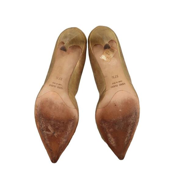 Gunmetal Shoes Womens 37.5 Pumps Fashion Stiletto Point Toe Leather Gold Formal